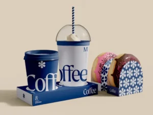 take away coffee cup and donuts mockup