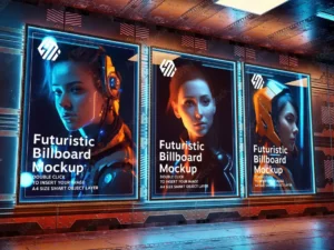 three billboards mockup in futuristic city interior 2