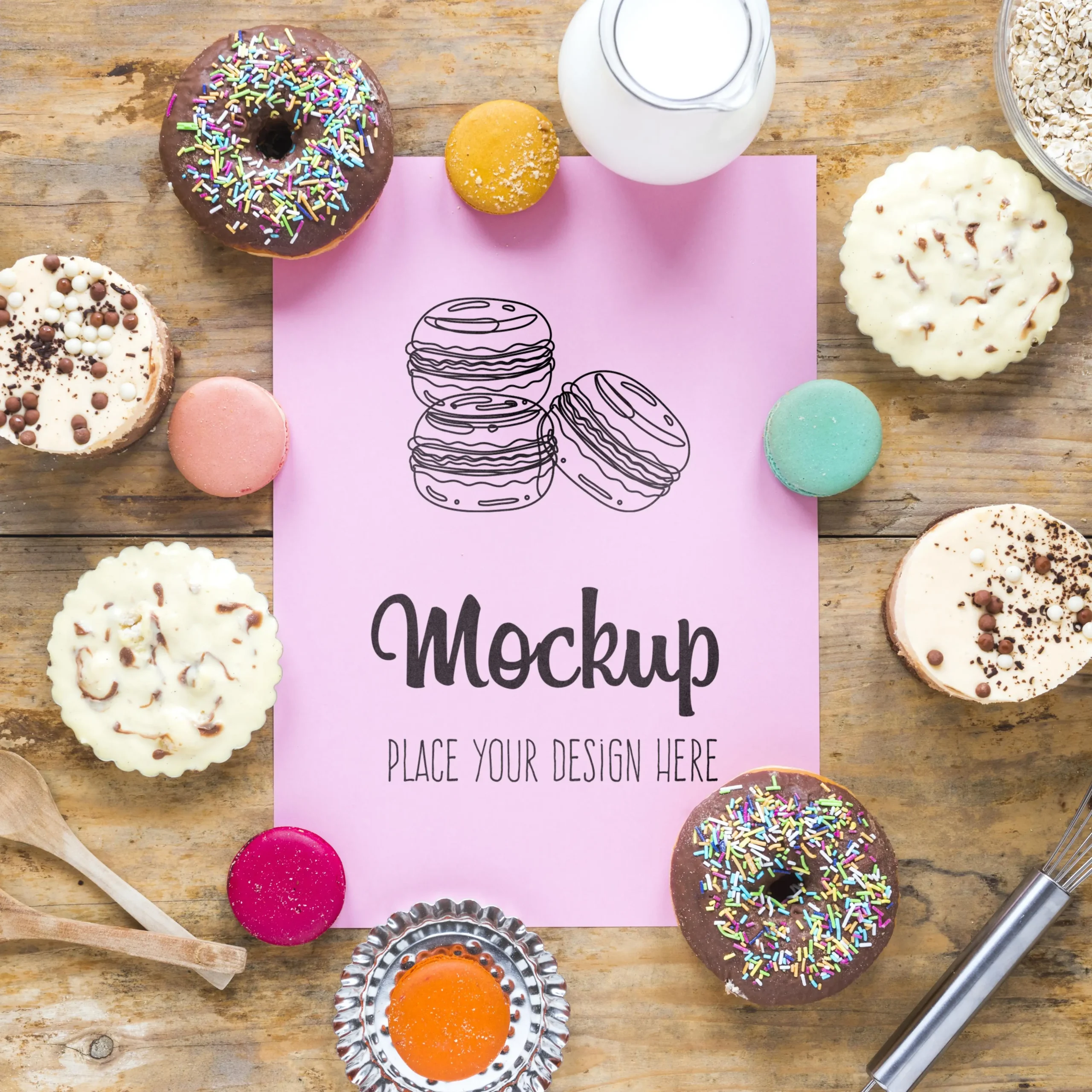 Top View Mock-Up With Delicious Doughnuts 3 top view mock up with delicious doughnuts