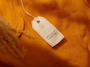 top view of clothing label mock up on orange textile 1
