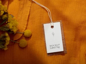top view of clothing label mock up on orange textile 2