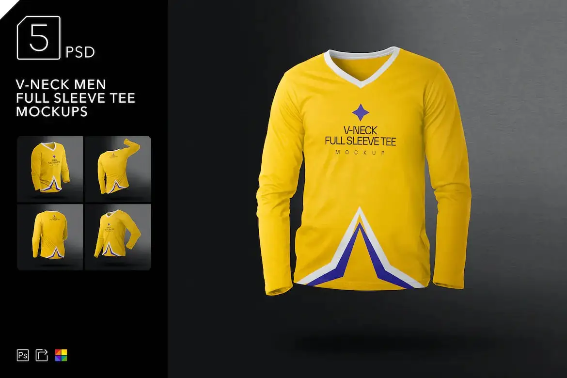 V Neck Men Full Sleeve Tee Mockups