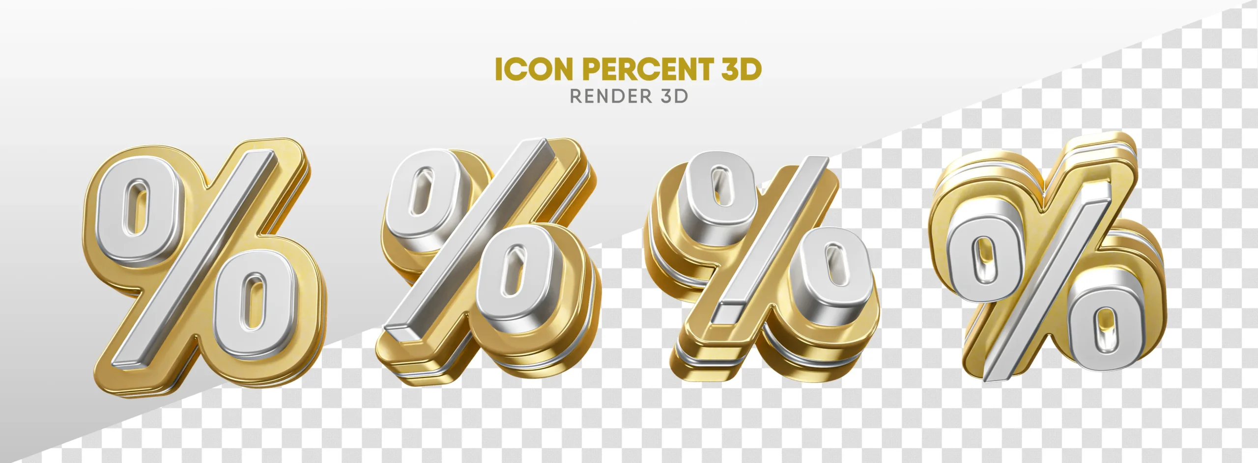 White Percentage Symbol With Gold In Different Perspectives 3D Render On Transparent Background