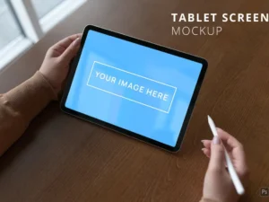 ipad air screen mockup in womans hand over table