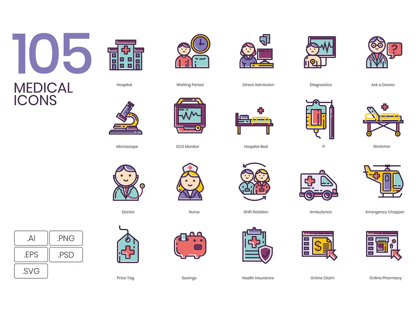 105 Medical Icons | Lilac Series