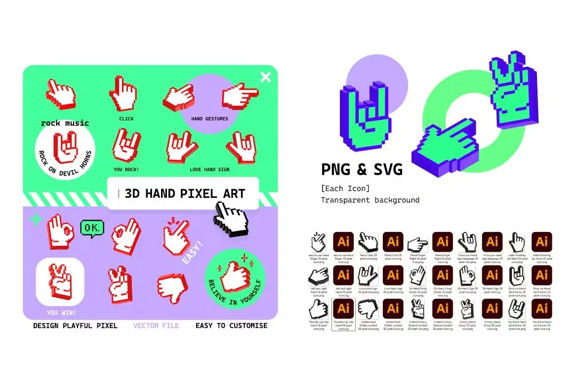 3D Hand Pixel Art Icon Sticker Vol 1