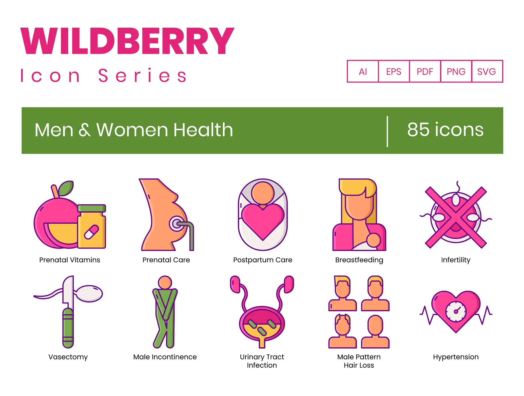 85 Men & Women Health Icons | Wildberry Series