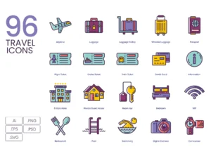96 travel icons lilac series1