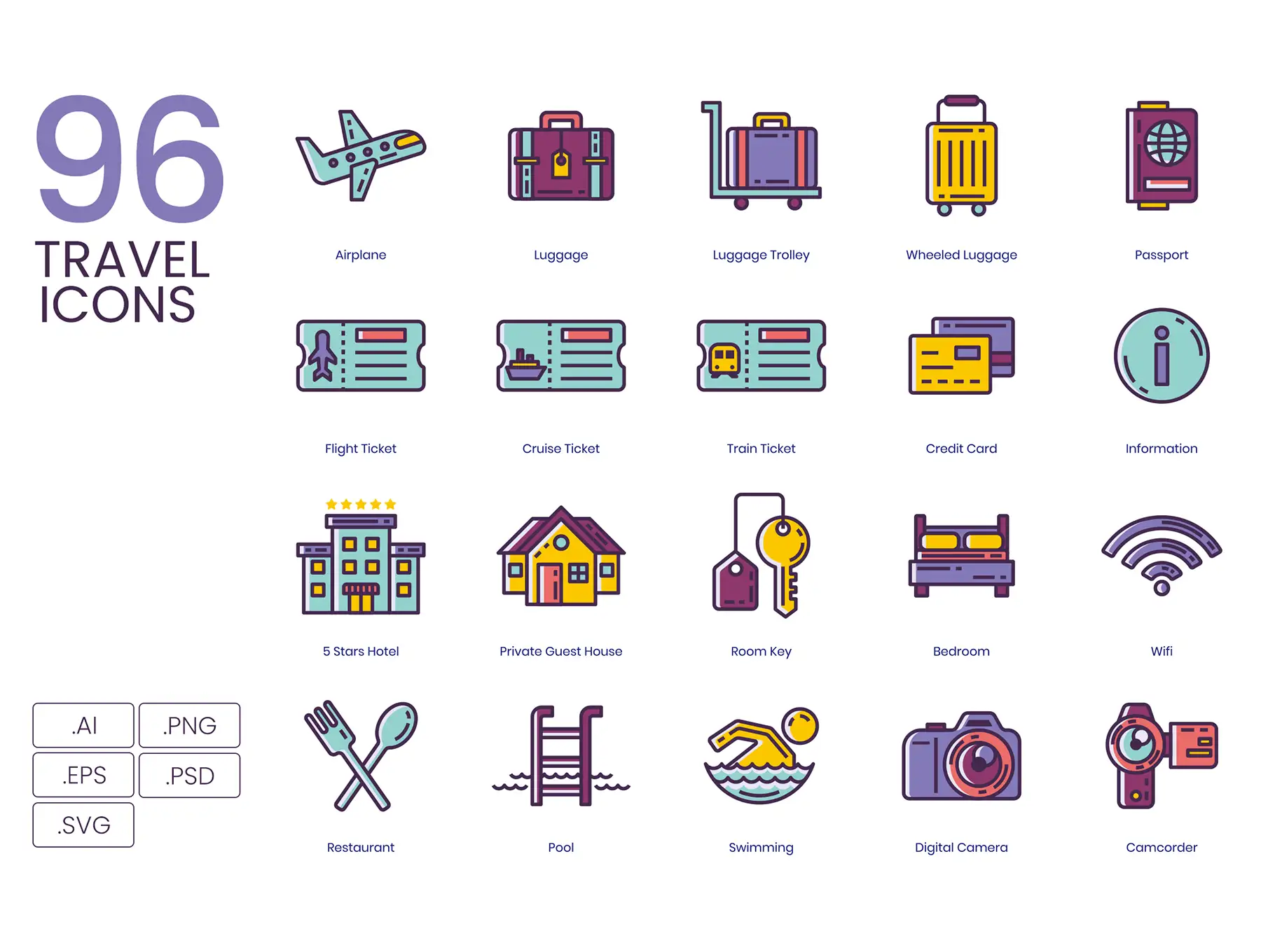 96 Travel Icons | Lilac Series