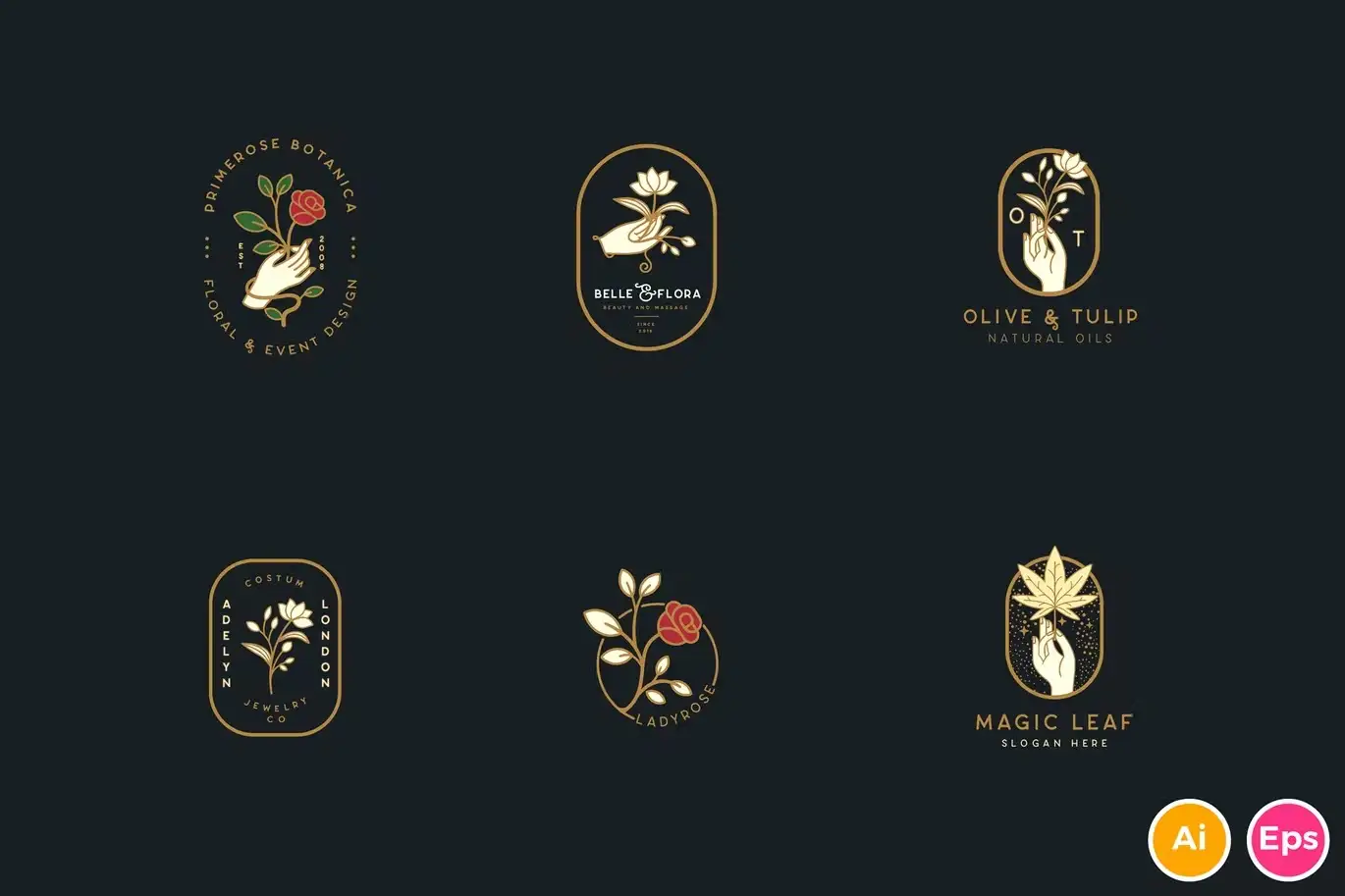 Elegant Floral Botanical Hand Logos Vol.1 3 elegant floral botanical hand logos vol 3
