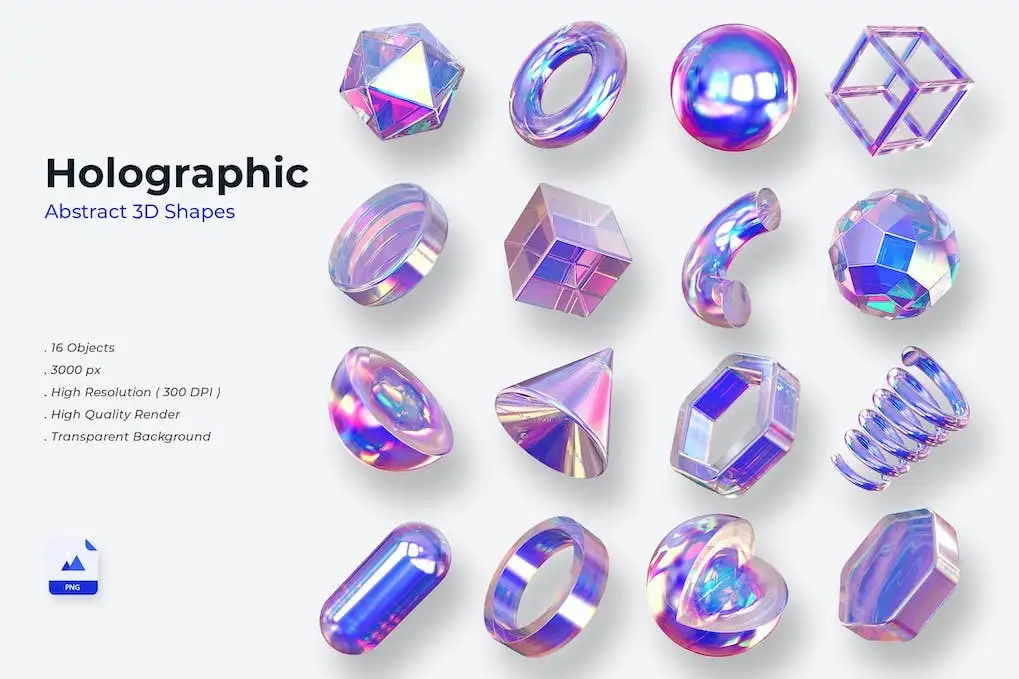 Holographic 3D Shapes Illustration Pack 02