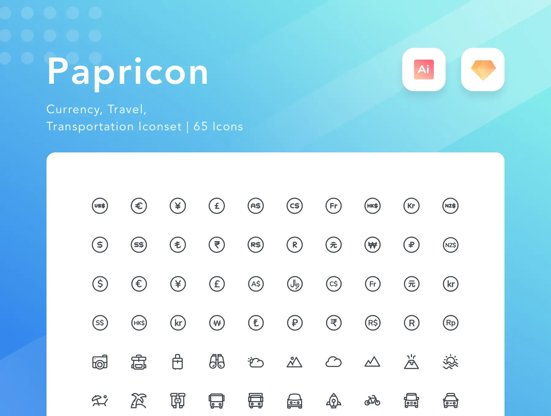 Paperpillar Papricon - Currency, Travel, Transportation Icons