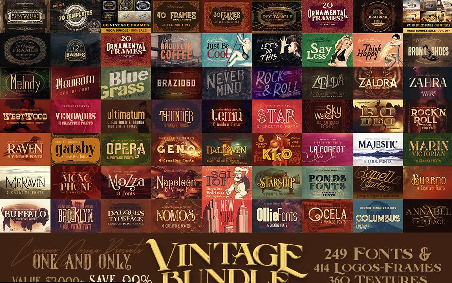 Vintage Bundle 249 Fonts & 414 Logos