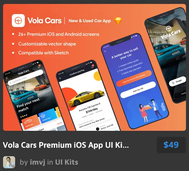 Vola Cars Premium iOS App UI Kit Sketch