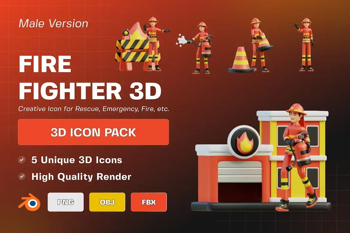 Fire Fighter Character 3D Illustration Pack