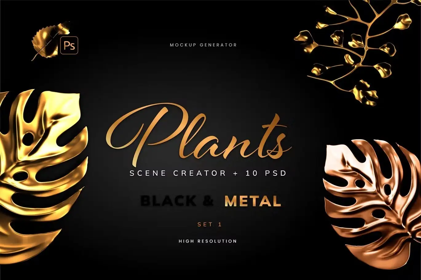 Gold and Black Monstera Plants - 10 PSDs & Creator