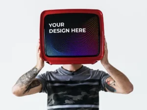 person with tattoo holding television mockup1