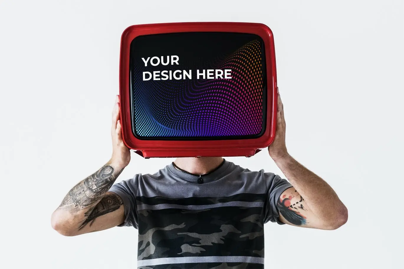 Person with Tattoo Holding Television