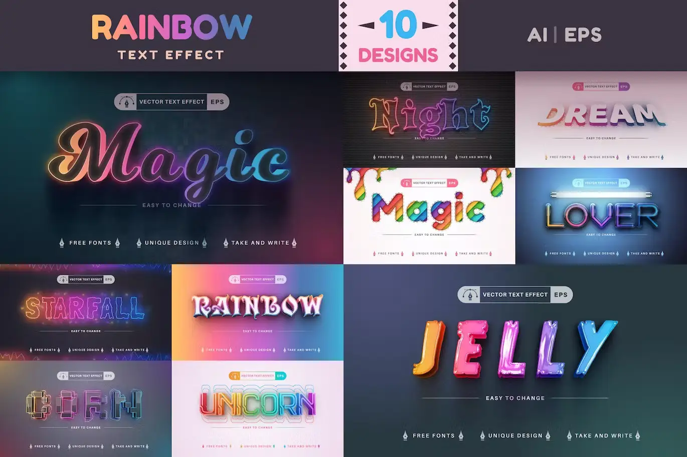 Set 10 Rainbow Editable Text Effects, Font Styles