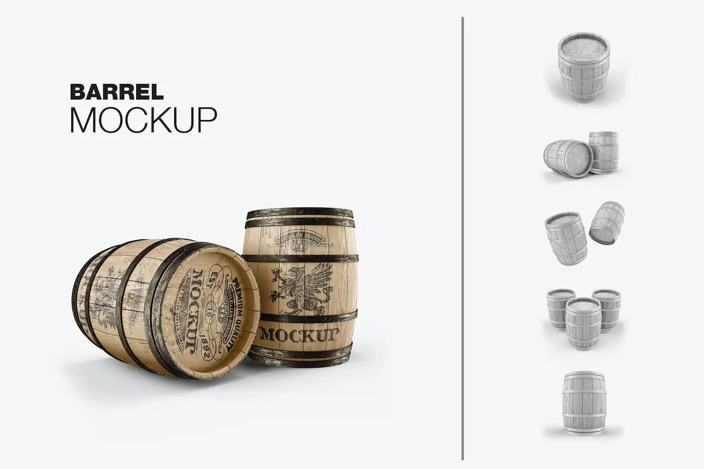 Set Wooden Barrels Mockup