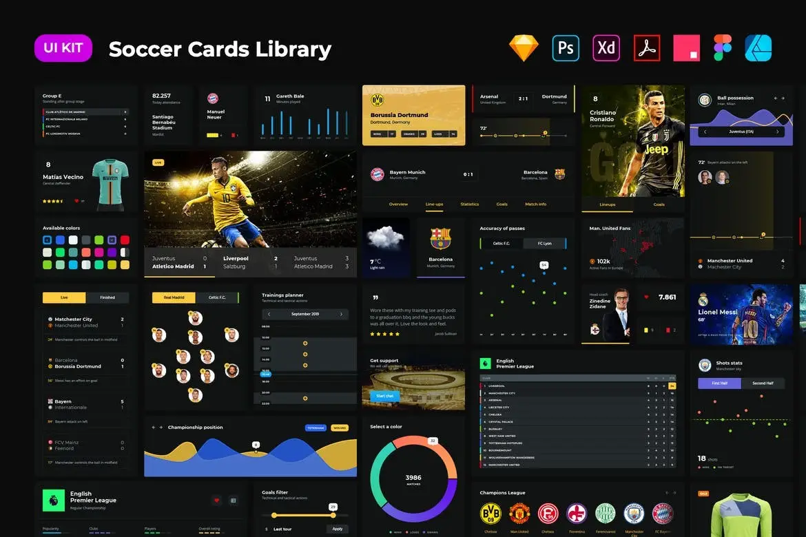 Soccer cards dark UI