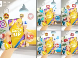 social media pack screen mockup hand living room1