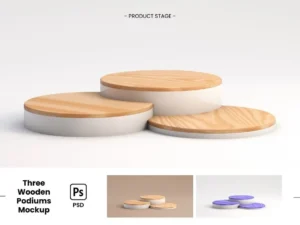three wooden podiums realistic mockup1