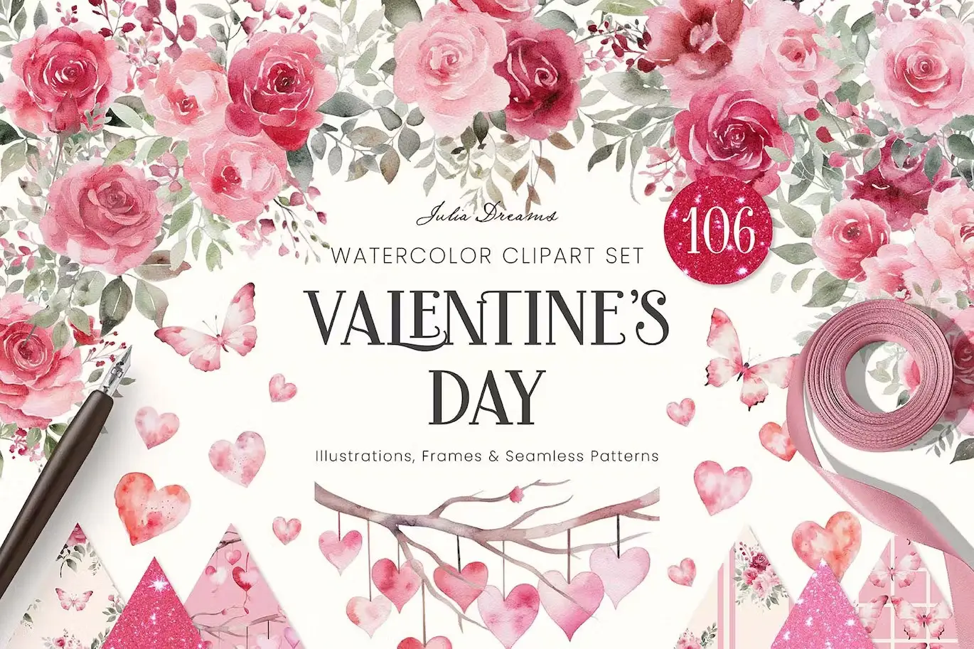 Valentine's Day Watercolor Illustrations Hearts 9 valentines day watercolor illustrations hearts