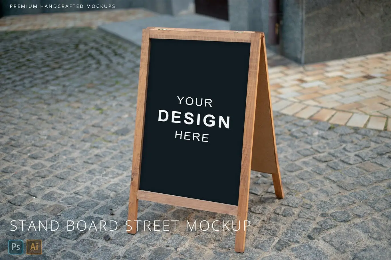 Wooden Stand Board &amp; A-Stand on Street Mockup
