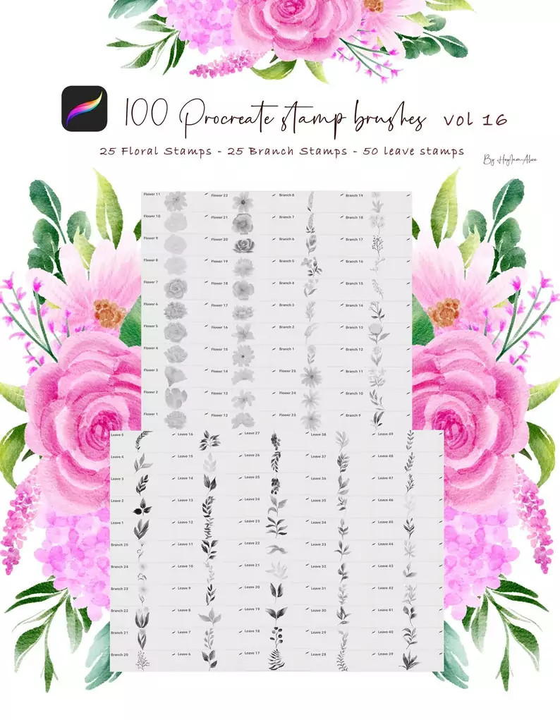 100 Floral Procreate Stamp Brushes Vol. 16 4 100floral procreate stamp brushes vol162