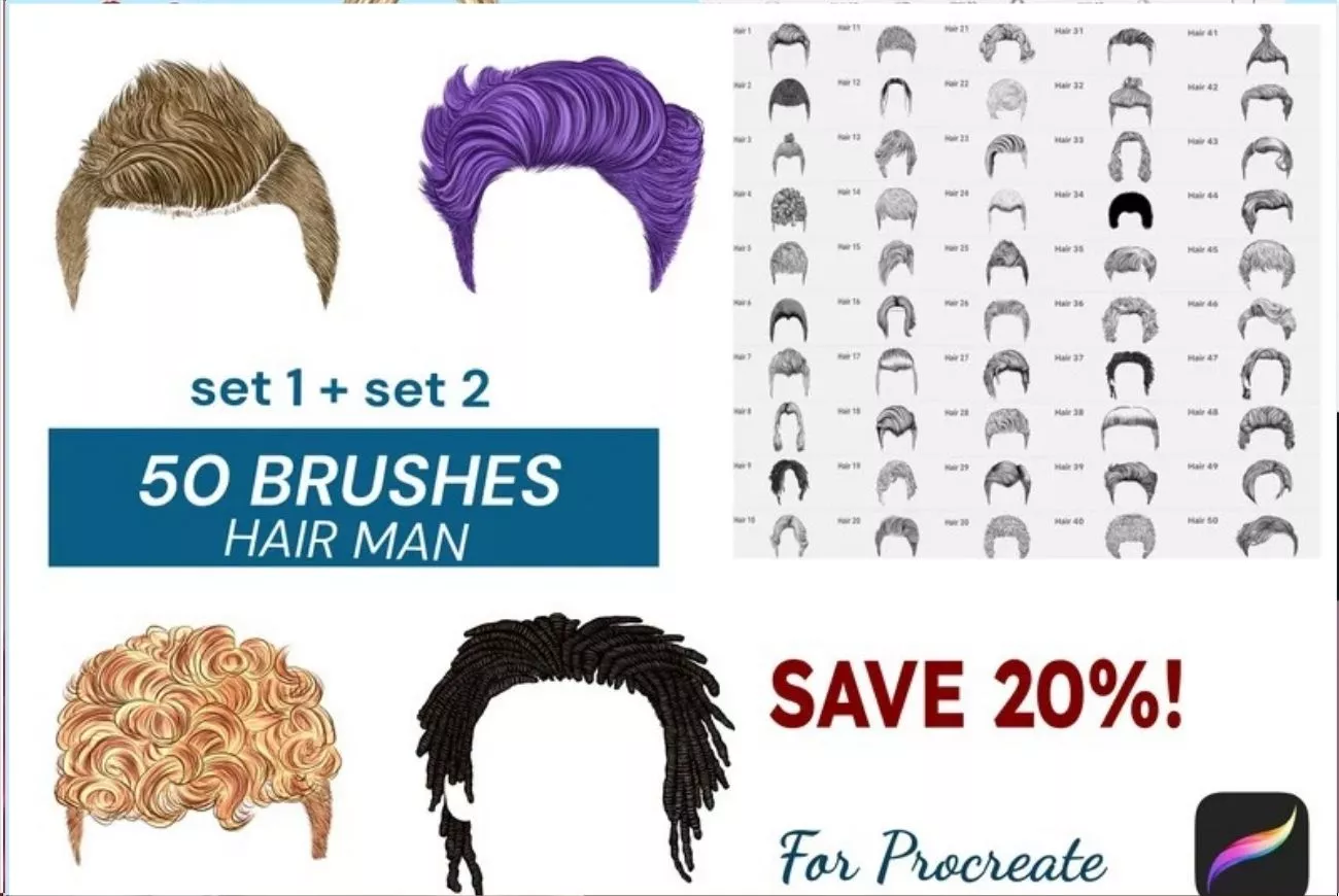 50 Procreate Hair Man Brush Set