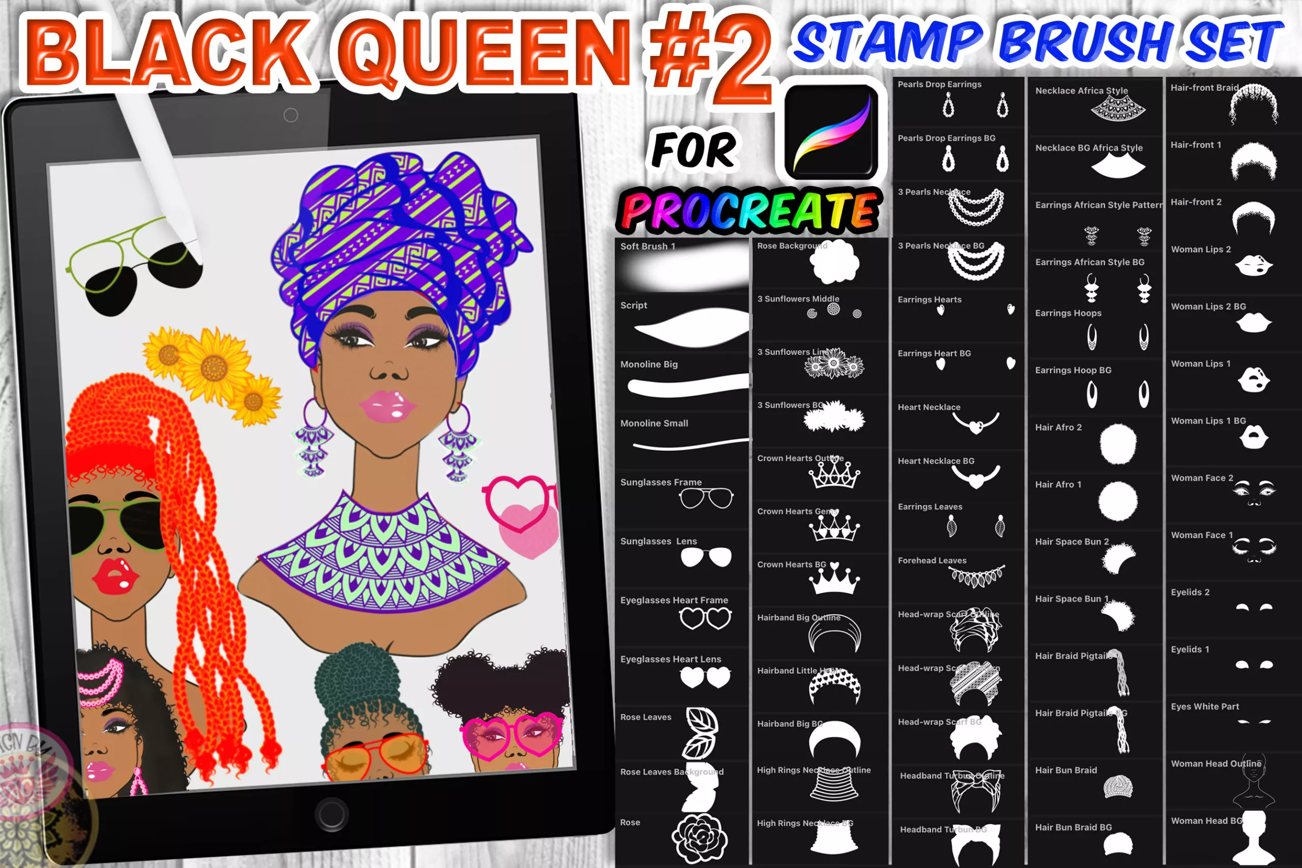 Black Queen Braid Hair Procreate Brushes Vol.2