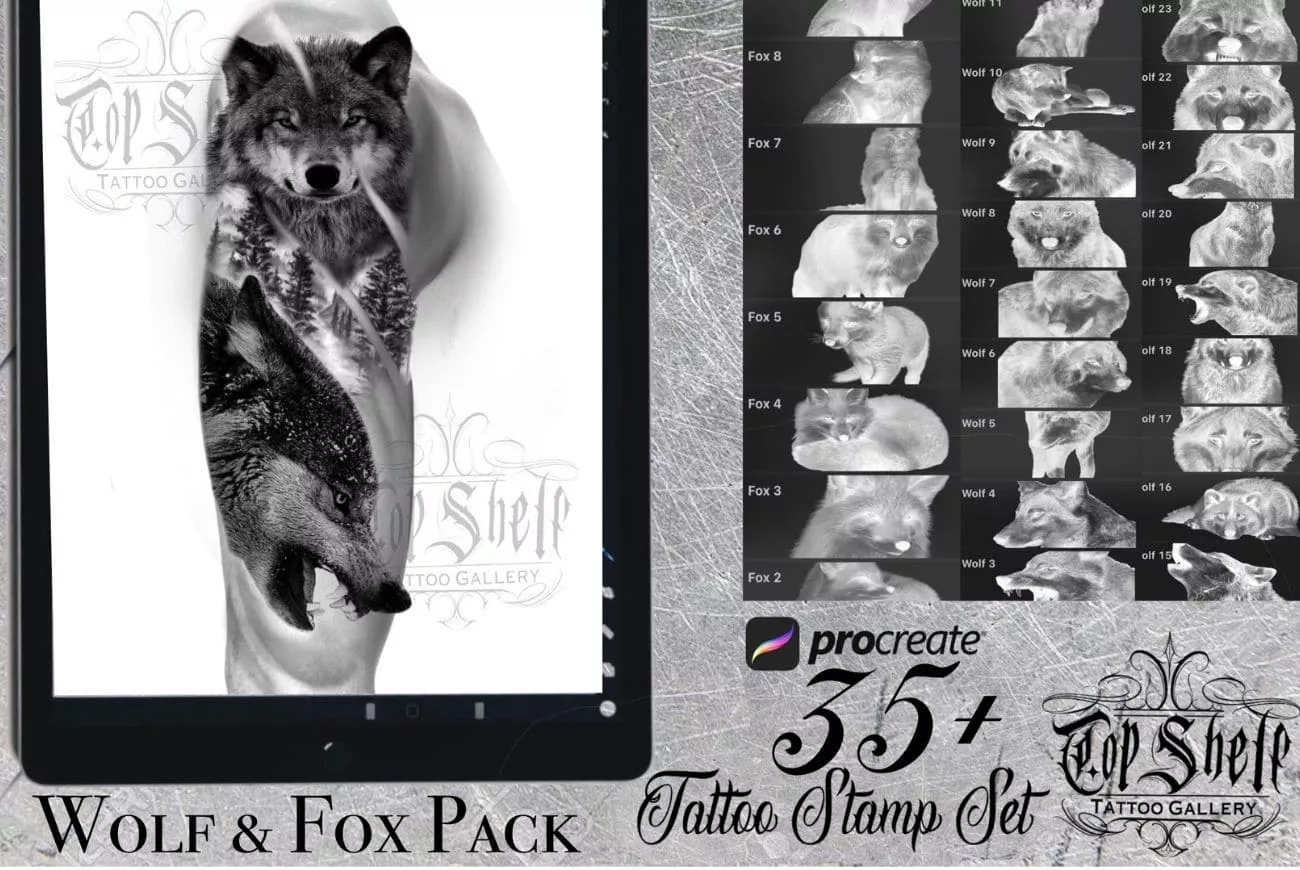 Wolf &amp; Fox Pack Procreate Tattoo Brushes