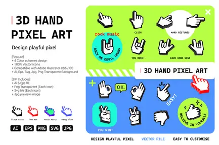 3D Hand Pixel Art Icon Sticker Vol 2