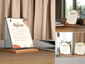 cover image desk calendar on wooden stand stationery mockup