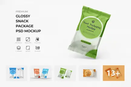 Glossy Snack Flow Pack Packaging PSD Mockup