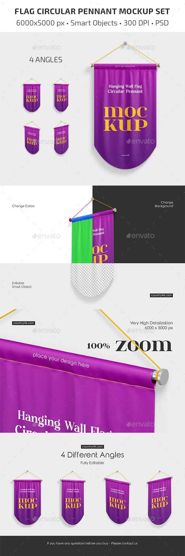 Hanging Wall Flag Circular Pennant Mockup Set