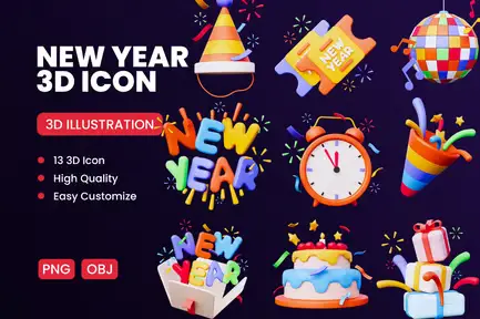 Happy New Year 3D Icon Pack