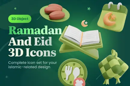 Islamic Ramadan Kareem and Eid Mubarak 3D Icons