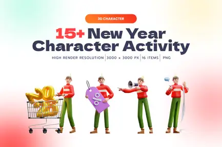 New Year Character Activity 3D Illustration