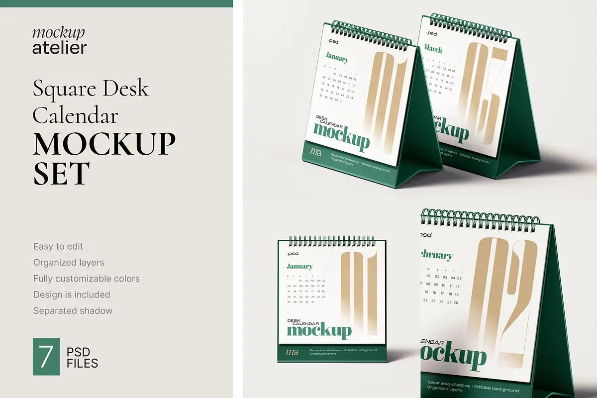 Square Desk Calendar Mockup Set