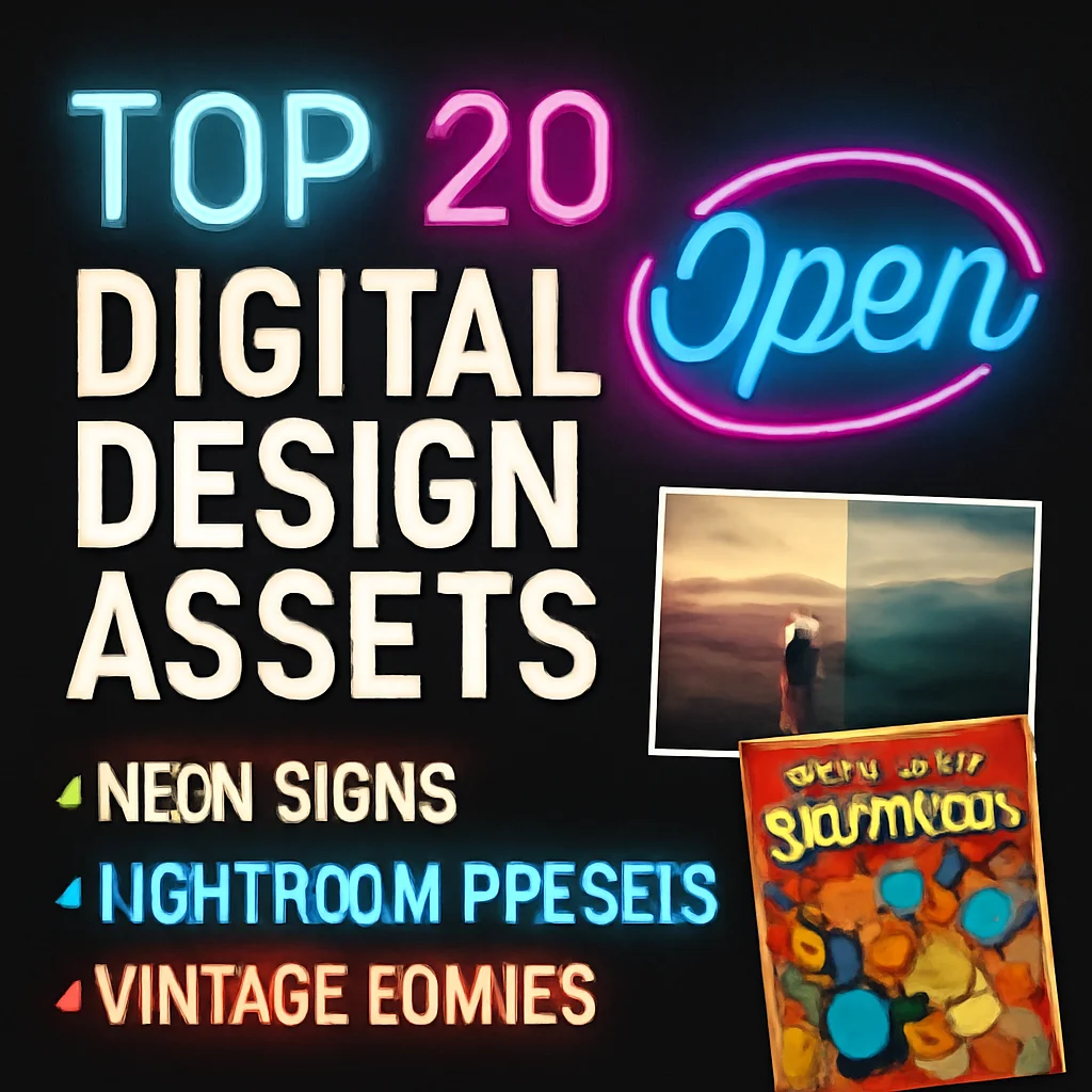 Top 20 Digital Design Assets: Neon Signs, Lightroom Presets & Vintage Comics 🎨