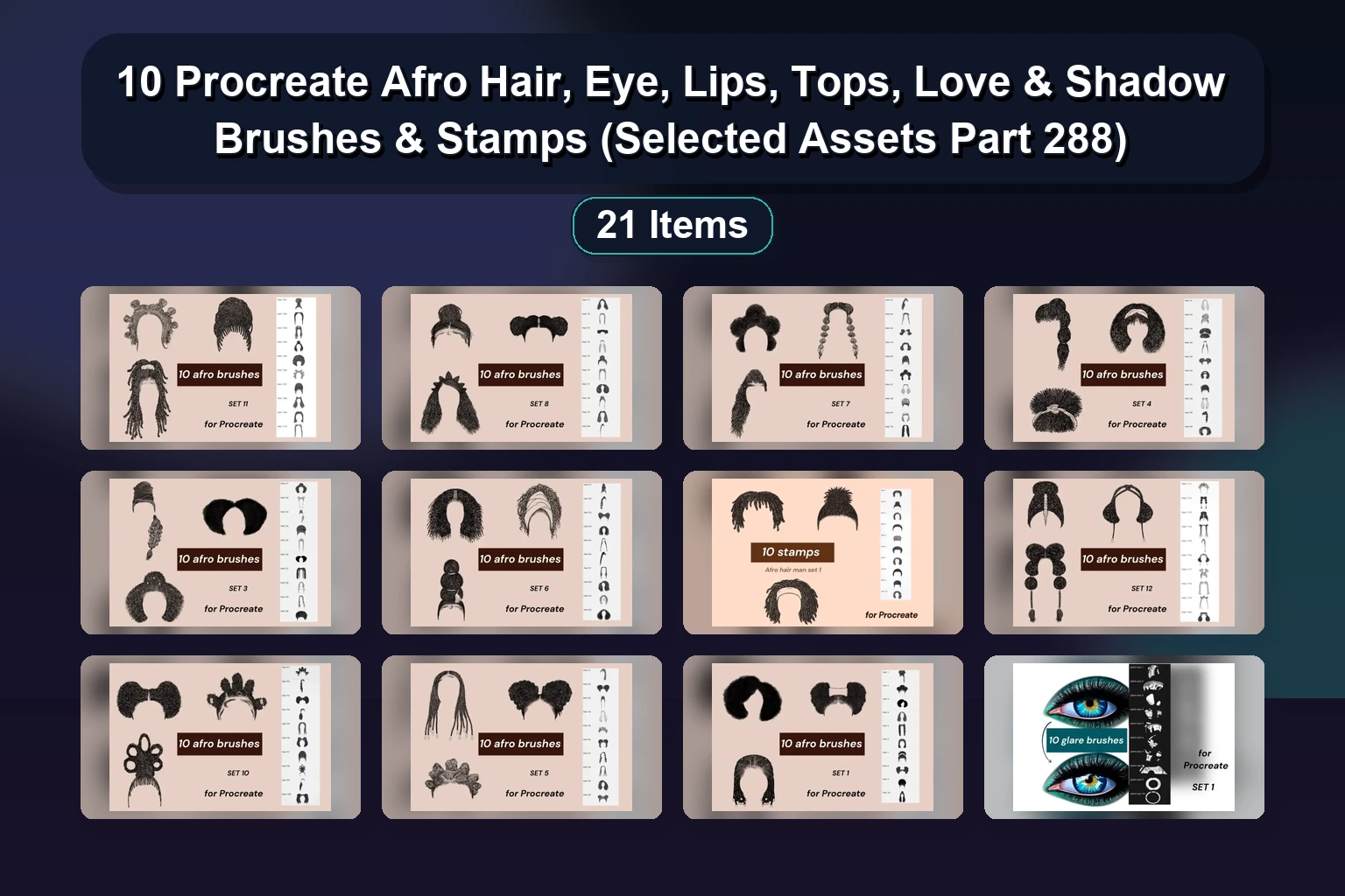 21 Procreate Hair & Facial Feature Stamp & Brush Sets (Men, Women, Afro, Decor, Glare, Eyelashes & Figures)