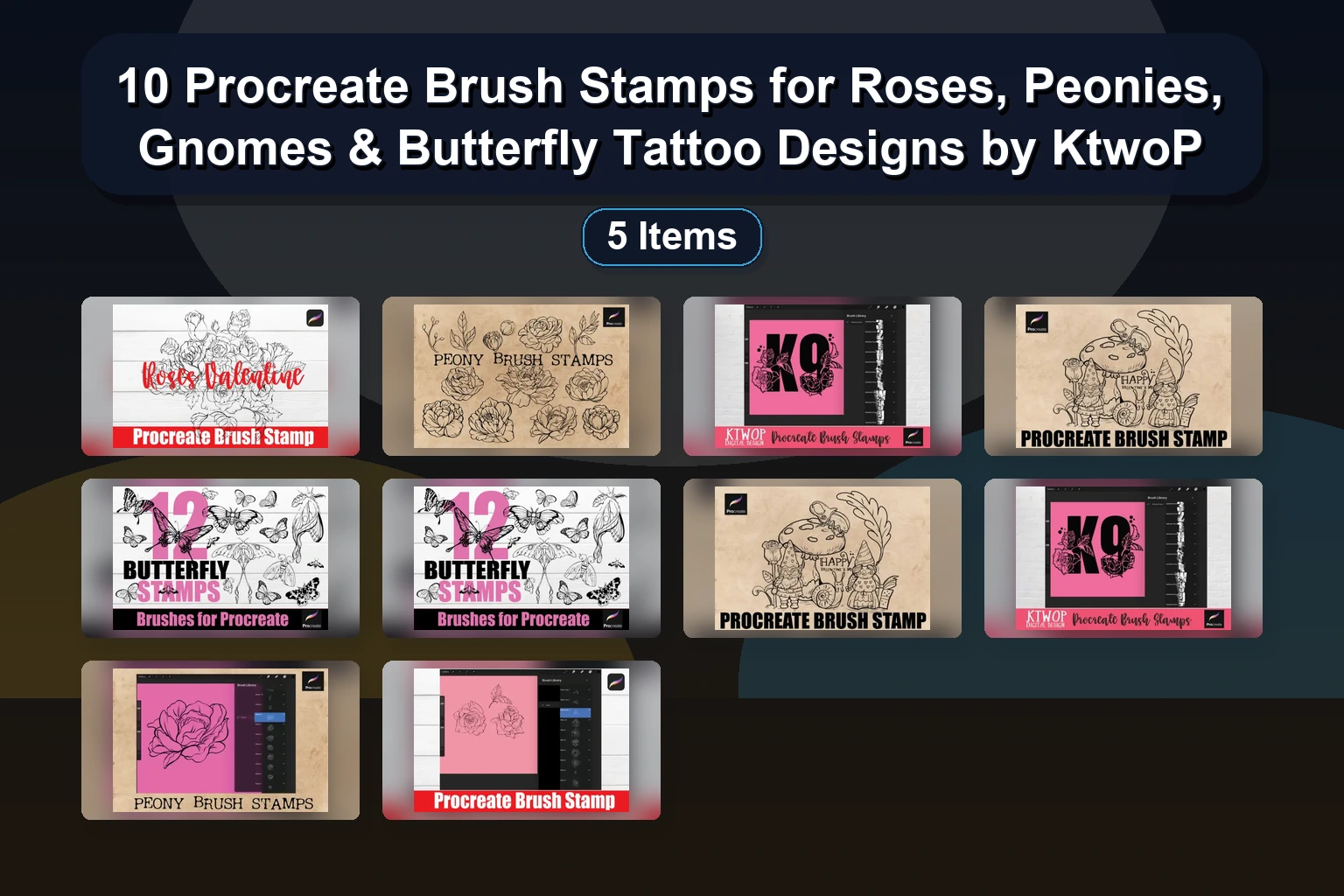 10 Procreate Brush Stamps for Roses, Peonies, Gnomes & Butterfly Tattoo Designs by KtwoP 10 Procreate Brush Stamps for Roses Peonies Gnomes Butterfl collage 9aa74a83 1781887340