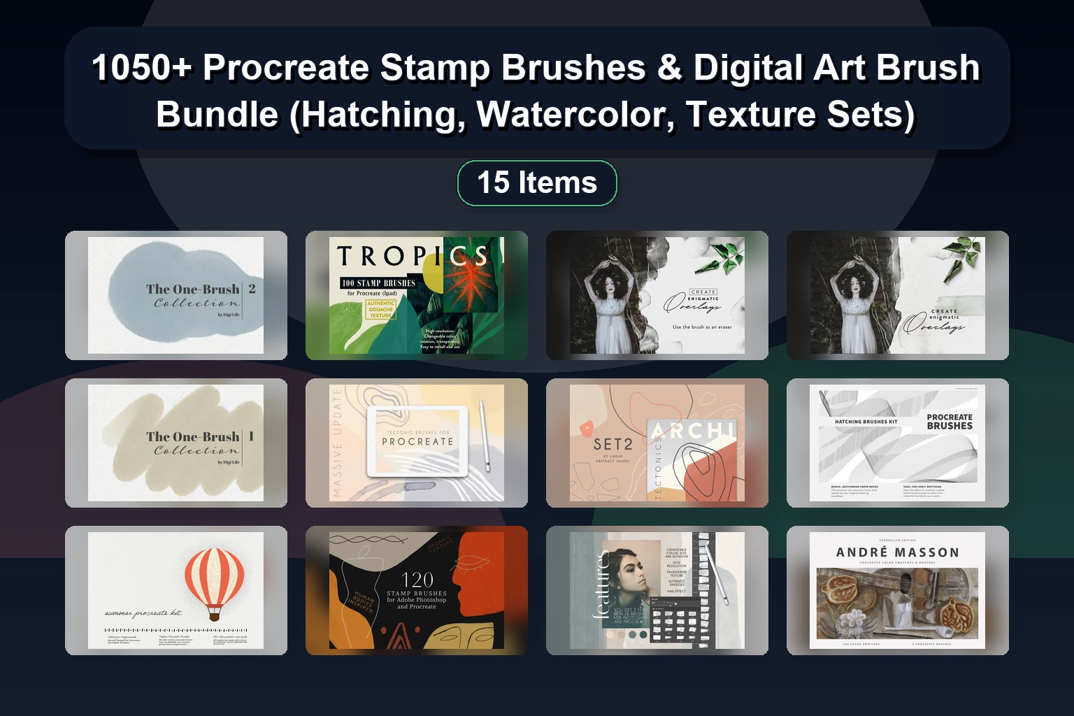 50+ Photoshop & Procreate Stamp Brushes Bundle | Abstract, Watercolor, Tropical & Floral Art Assets