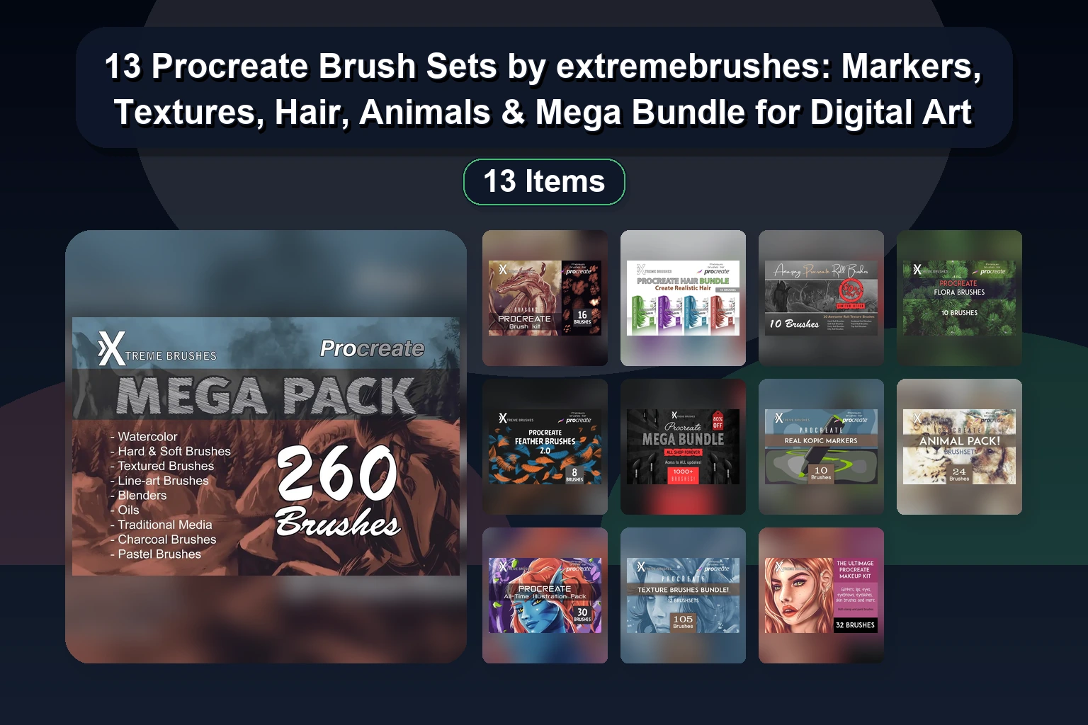 13 Procreate Brush Sets by extremebrushes: Markers, Textures, Hair, Animals & Mega Bundle for Digital Art