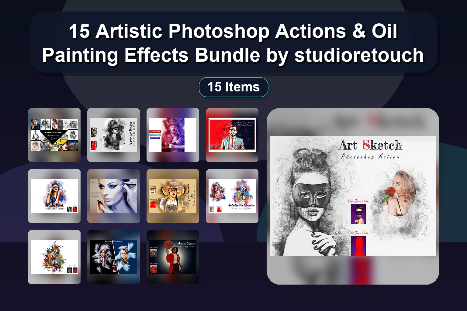 15 Advanced Photoshop & Procreate Actions: Art, Neon, Sketch, Oil & 3D Effects