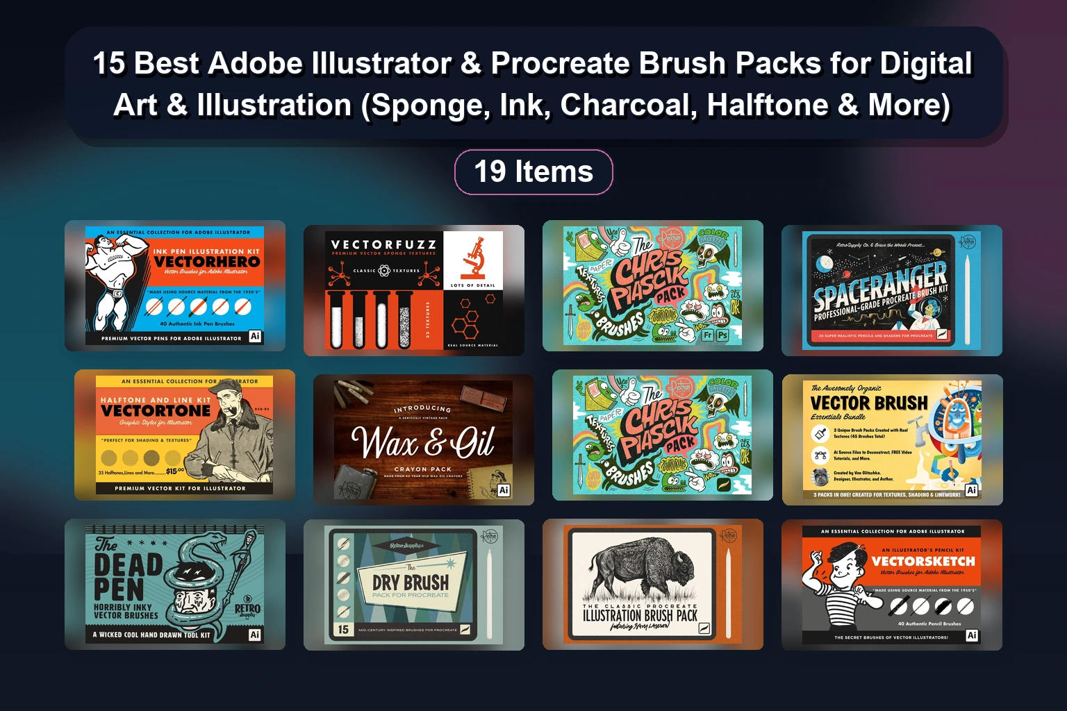 18 Retro & Textured Brush Packs for Procreate & Illustrator | Selected Assets Part 121
