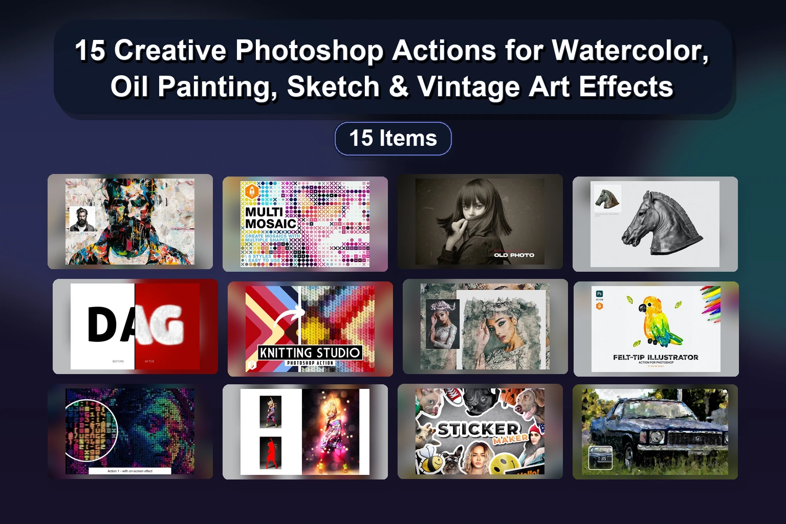 Dynamic Photoshop Actions Bundle: Double Exposure, Sketch, Comics, 3D & Collage Effects
