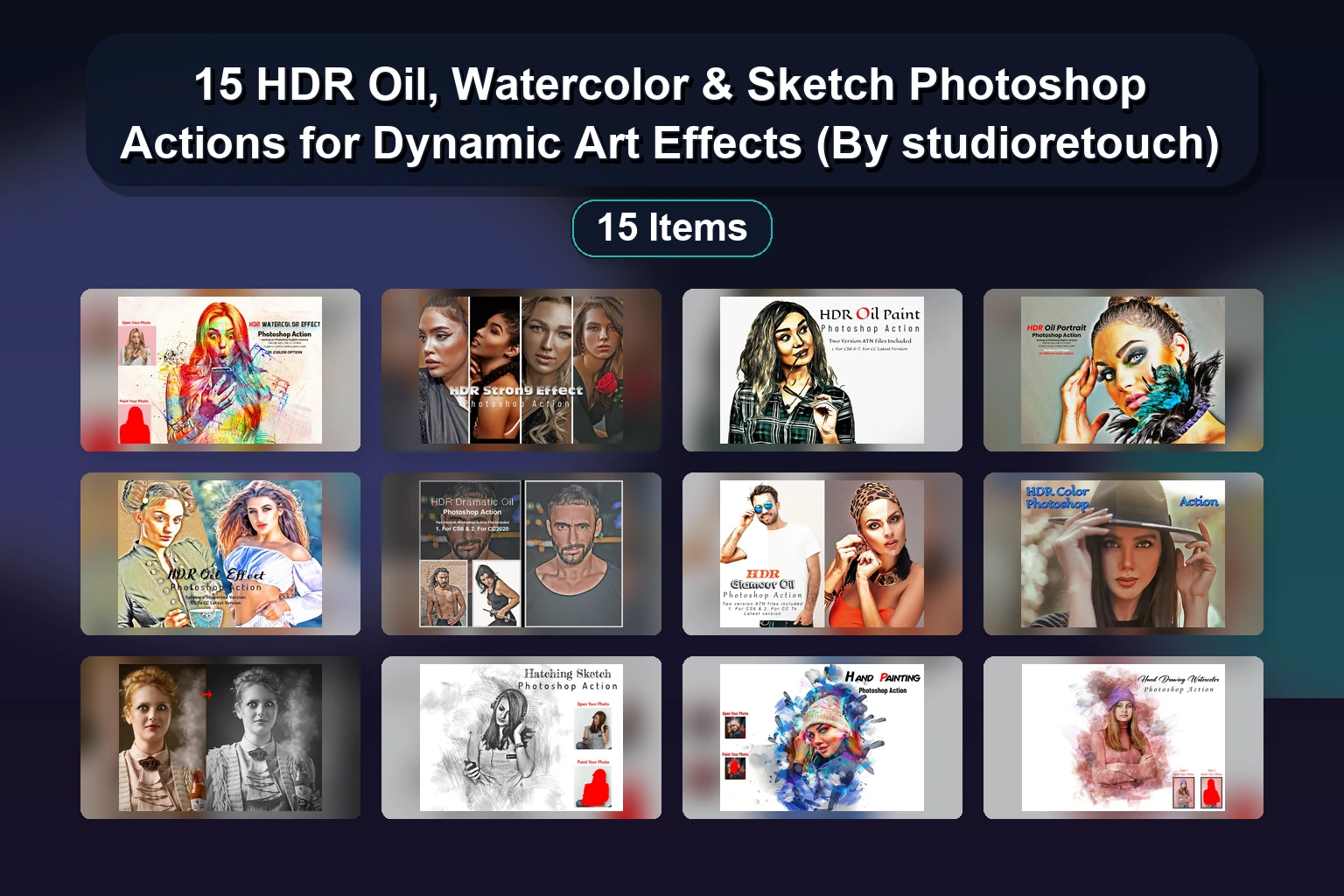 15 Artistic & Grunge Photoshop Actions: Halloween, Oil Paint, Halftone & Gradient Effects Bundle